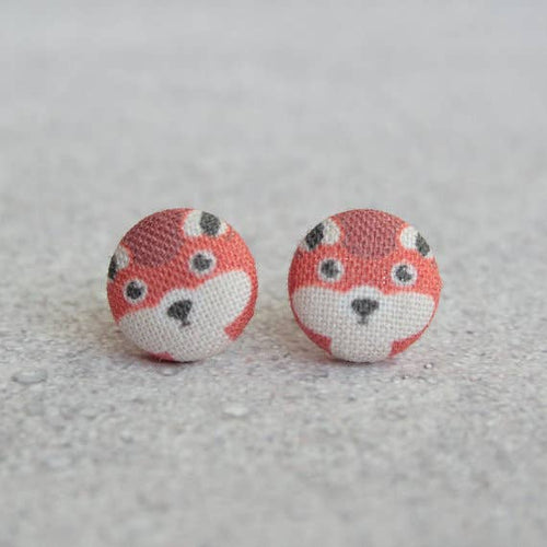 Handmade Red Fox Fabric Button Earrings