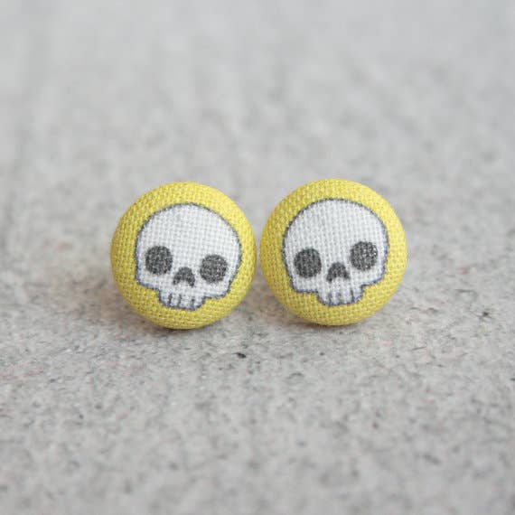 Adorable Skulls in Yellow Fabric Button Earrings