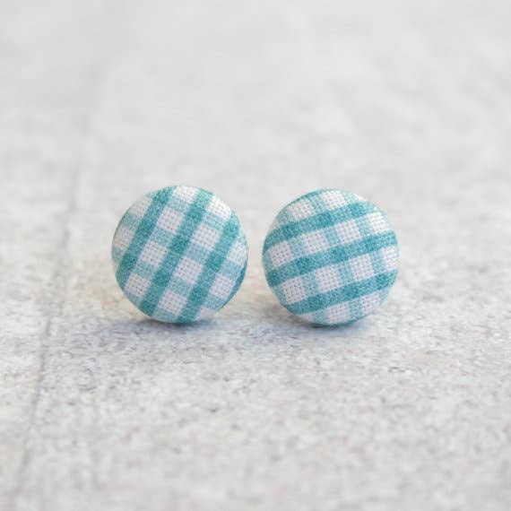 Blue Gingham Fabric Button Earrings