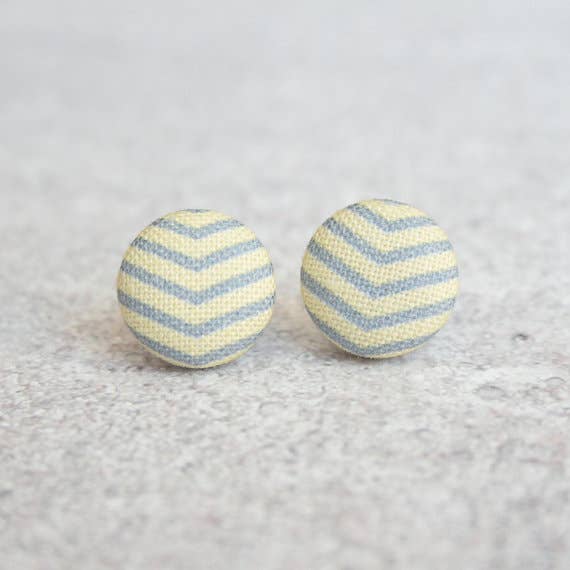 Yellow and Gray Chevron Fabric Button Earrings