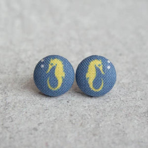 Sea Horses Fabric Button Earrings