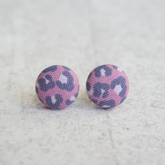 Purple Leopard Fabric Button Earrings