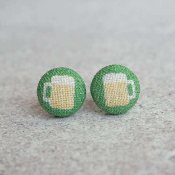 Green Beer Fabric Button Earrings