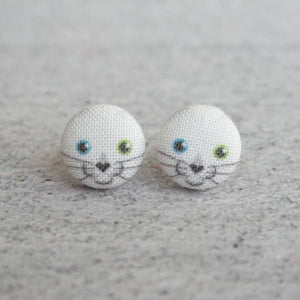 Snowball Kitten Fabric Button Earrings