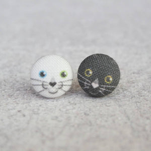 Black & White Kitten Fabric Button Earrings