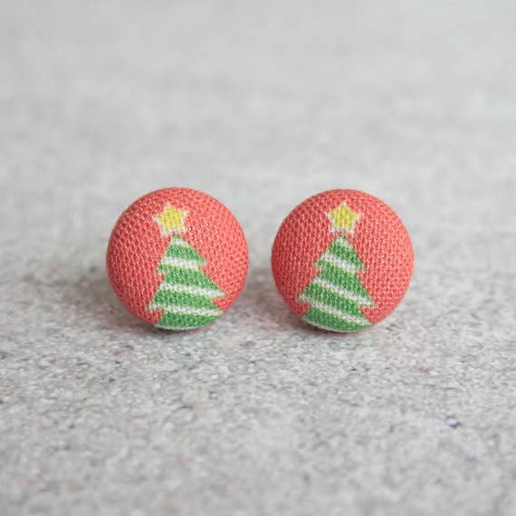 O Christmas Tree Fabric Button Earrings
