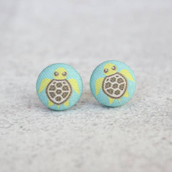 Sea Turtle Fabric Button Earrings