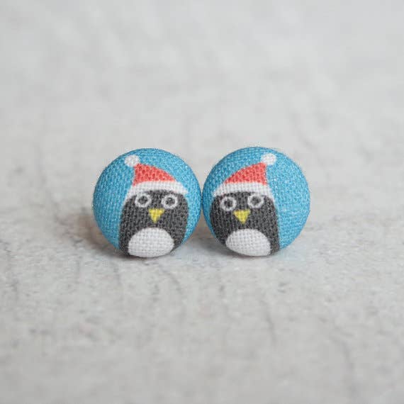 Santa Penguins Fabric Covered Button Earrings