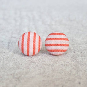 Pink and Red Stripes Fabric Button Earrings