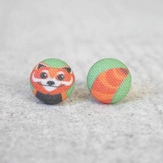 Red Panda Fabric Button Earrings