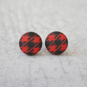 Red and Black Plaid Fabric Button Earrings