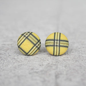 Yellow Plaid Fabric Button Earrings