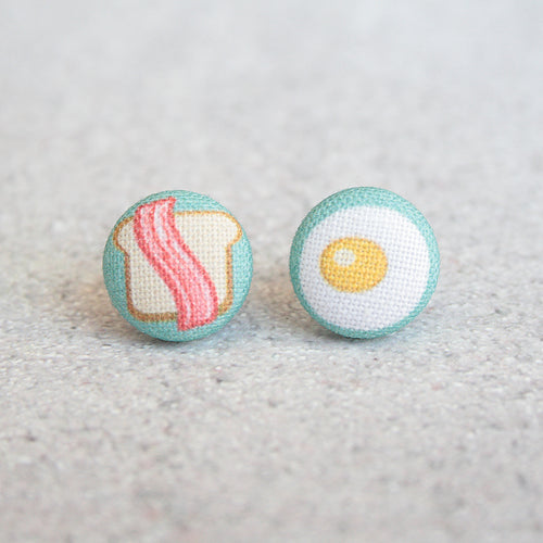Handmade bacon & eggs fabric button earrings
