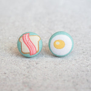 Handmade bacon & eggs fabric button earrings