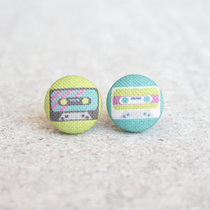 Handmade cassette tape fabric button earrings