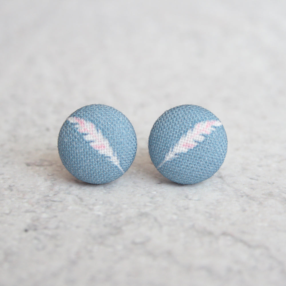 Handmade feather print fabric button earrings