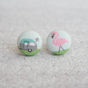 Handmade Flamingo with Chic Camper fabric Button Earrings