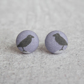 Handmade black bird fabric button earrings