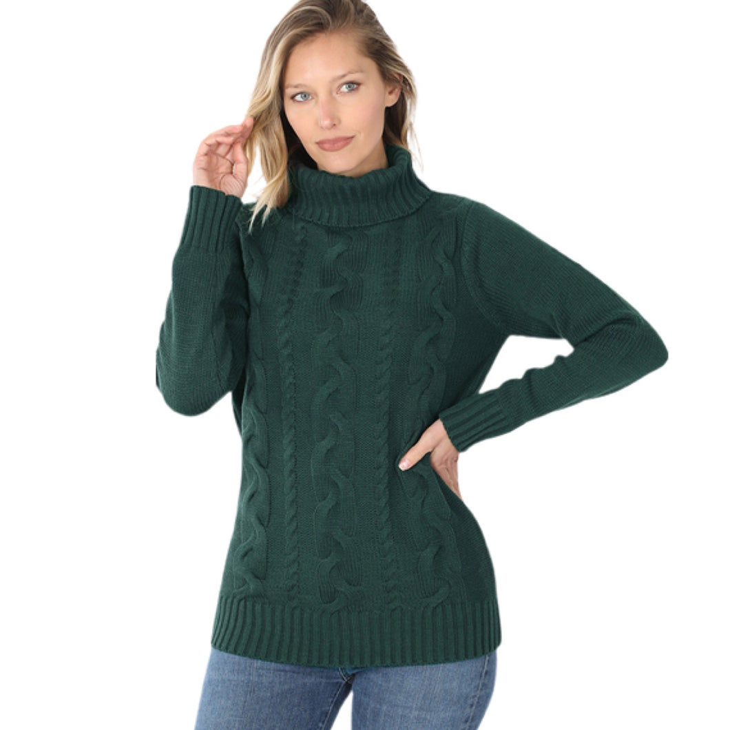 Green Braided Front Turtleneck Sweater