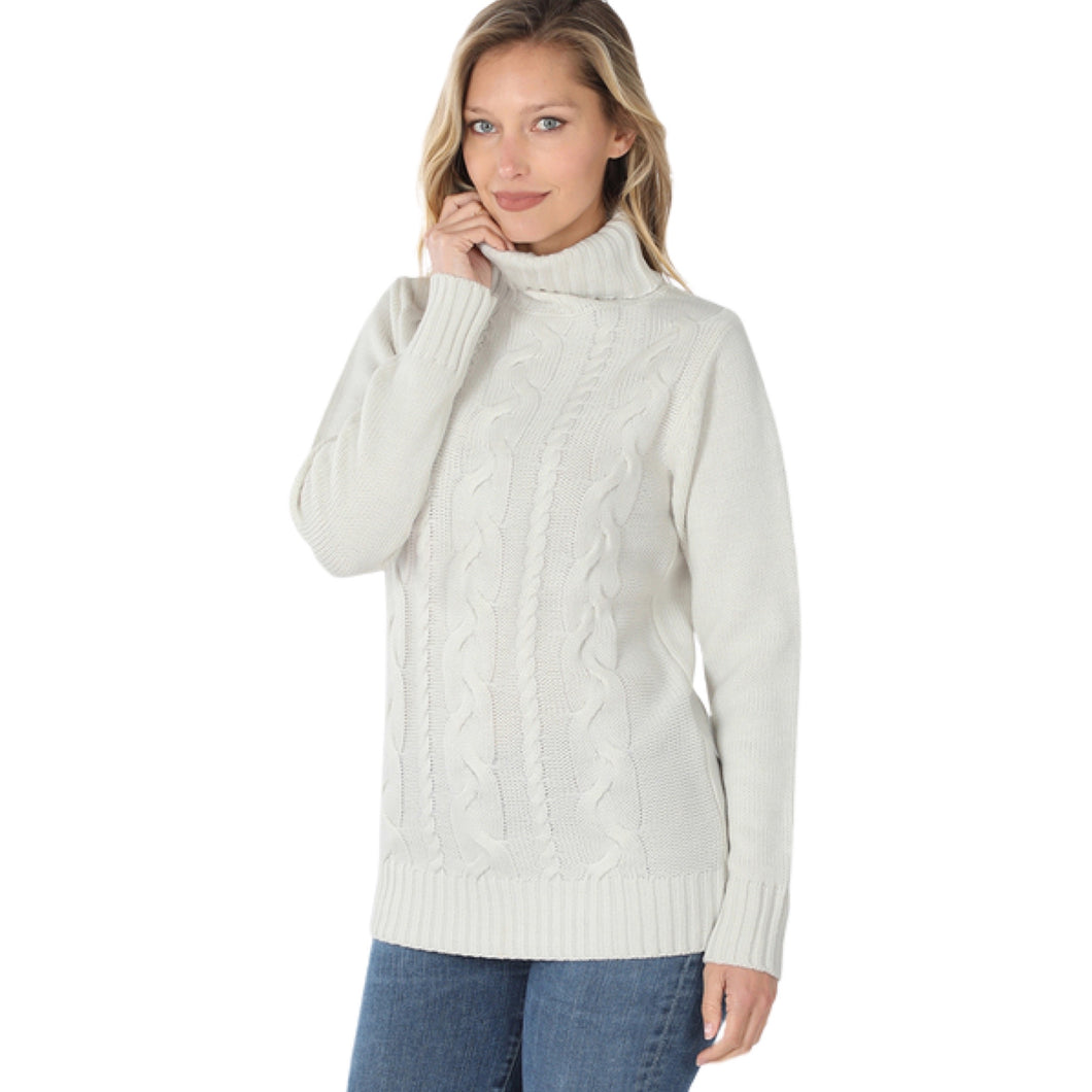 White Braided Front Turtleneck Sweater