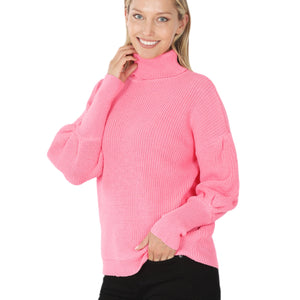 Pink Puff Sleeve Turtleneck Sweater