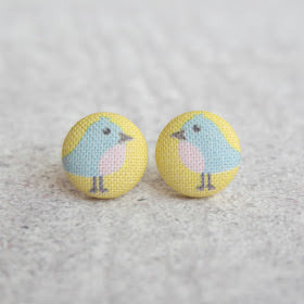 Handmade bluebird fabric button earrings