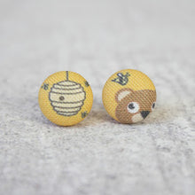 Handmade bear & honey fabric button earrings