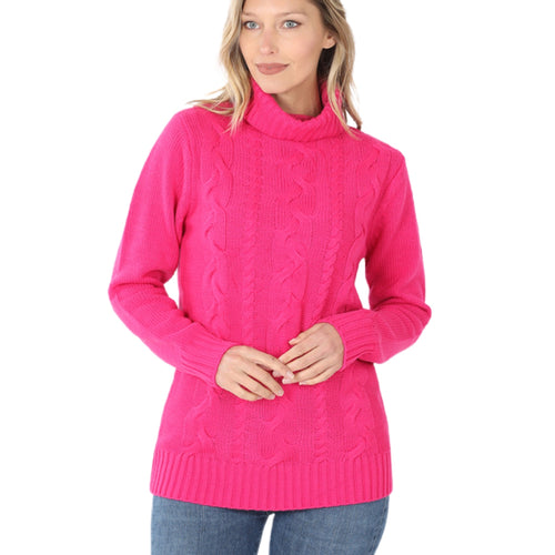 Hot Pink Braided Front Turtleneck Sweater
