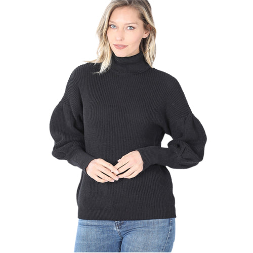 Black Puff Sleeve Turtleneck Sweater