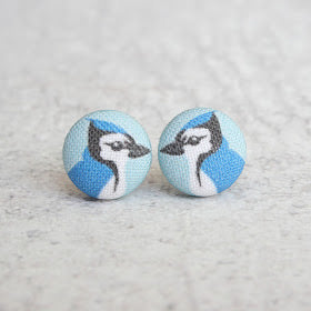 Handmade blue jay fabric button earrings