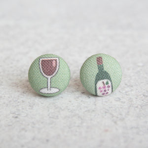 Handmade wine lover fabric button earrings