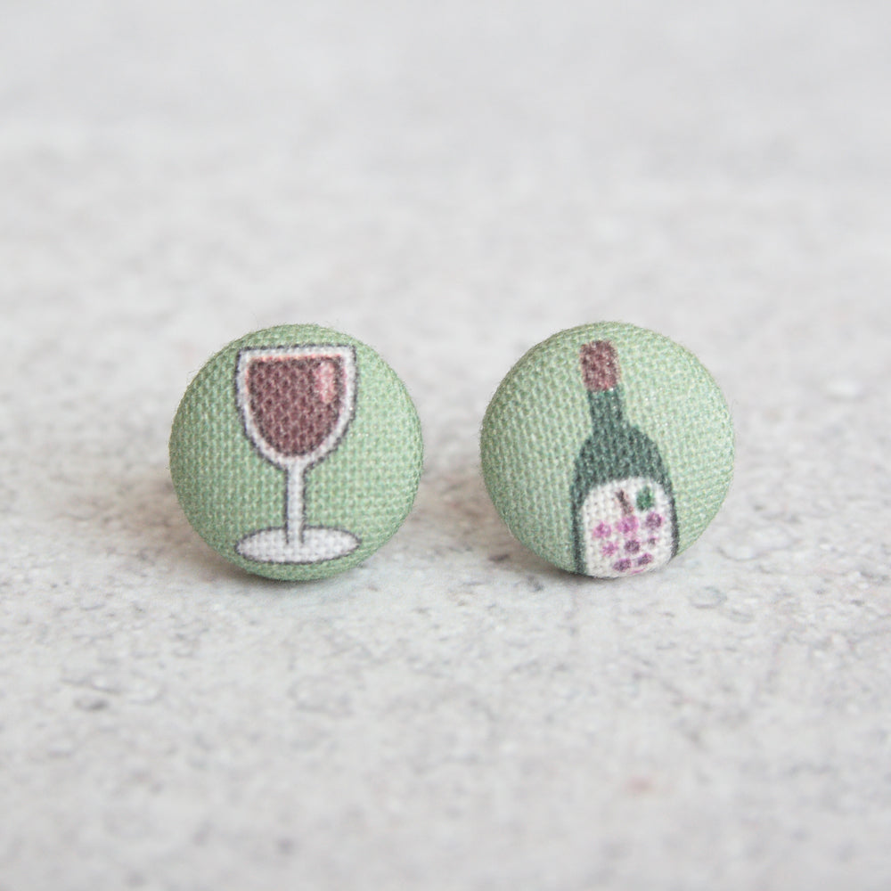 Handmade wine lover fabric button earrings